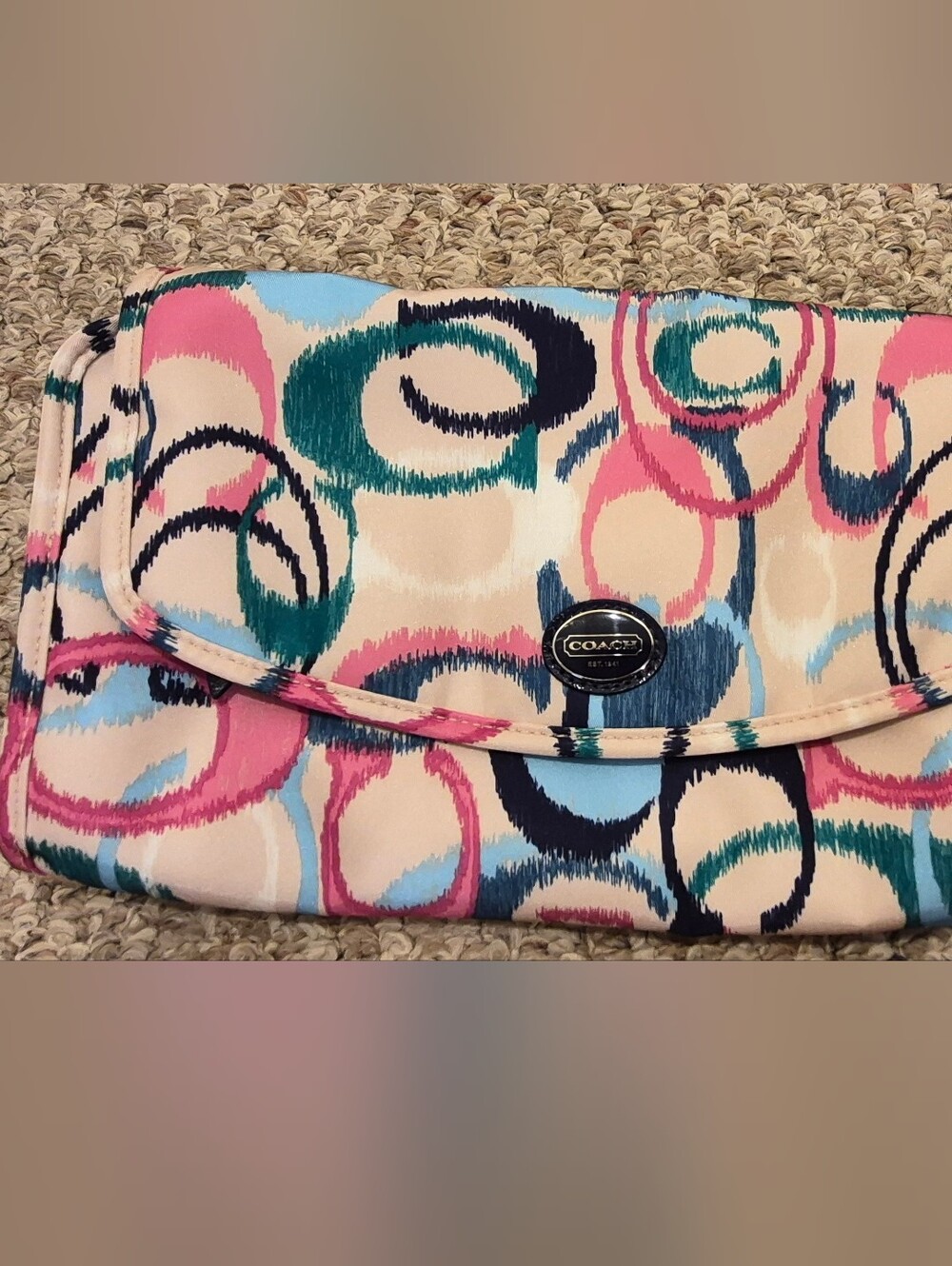 Coach Hanging Travel Makeup Cosmetic Bag Ikat Blue Pink Green Navy Logo